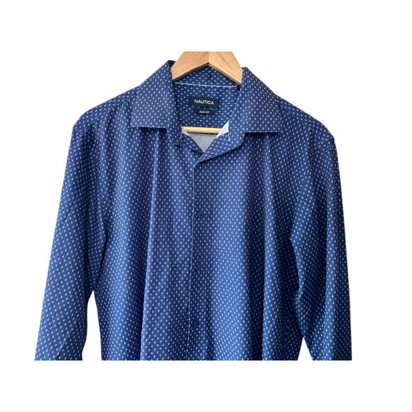 Nautica Blue Anchor Print Slim Fit Long Sleeve Button Down Shirt Men's Large - Picture 2 of 6